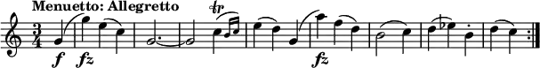 { \relative g' { \key c \major \time 3/4
\tempo "Menuetto: Allegretto"
\tempo 4 = 180
\partial 4 g4( \f | g'4) \fz e( c) | g2.~ | g2 \afterGrace c4( \trill {b16 c) } | e4( d) g,(
a'4) \fz f( d) | b2( c4) | d4( es) b-. | d4( c) \bar ":|." }}
