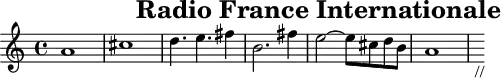 \header{tagline=##f title="Radio France Internationale"}
% https://youtu.be/t2Kj3haNb-M?t=2m24s
main = \relative{
  \set Staff.midiInstrument = "synthbrass 1"
  \set midiMaximumVolume = #0.55
  a'1 cis d4. e fis4 b,2. fis'4 e2~ 8 cis d b a1 s8_"//"
}
acco = <<
\new Staff \relative{
  \set Staff.midiInstrument = "fx 5 (brightness)"
  \set midiMaximumVolume = #0.25 \clef "treble^(8)"
  \repeat percent 6{e'''16 e e e e,8 e'16 e, e' e, e'8 e, e}
}
\new Staff{
  \set Staff.midiInstrument = "synthbrass 2"
  \set Staff.midiMaximumVolume = #0.4 \clef bass
  <<{<d' a>1~ 1~ 1~ 1~ 1~ 1}\\{g1~ 1 fis1~ 1 g1~ 1}>>
}
\new Staff \relative{
  \set Staff.midiInstrument = "slap bass 2"
  \set midiMaximumVolume = #0.7 \clef "bass_(8)"
  \repeat percent 3{a,,4 a'8-. r r4 r8 g,8 a4 a'8-. g,8 r g a'-. a,-.}
}
\drums{
  \repeat percent 6{<<{hh8 8 sn hh8 8 8 sn hh}\\{bd4 4 8 8 r bd8}>>}
}
>>
\score{\main}
\score{<<\main \unfoldRepeats \acco>> \midi{\tempo 4=122}}
