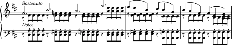\new PianoStaff <<
\new Staff << \key d \major \time 6/4 \omit Score.TimeSignature \tempo 2. = 58 \set Score.tempoHideNote = ##t \override Staff.Rest.style = #'classical
\new Voice \relative { \voiceOne
fis'2.^\markup { \italic Sostenuto }_\markup { \italic Dolce } b
a fis' | e4( d b) cis( b g) | b( a fis) fis( d e) }
\new Voice \relative { \voiceTwo
r4 \repeat unfold 4 { d'8-. } r4 \repeat unfold 4 { <d f>8-. }
r4 \repeat unfold 4 { <cis e>8-. } r4 \repeat unfold 4 { <a' d>8-. }
r4 \repeat unfold 4 { <d, e>8-. } r4 \repeat unfold 4 cis8-.
r4 \repeat unfold 4 d8-. r4 b8-. b-. <a cis>-. <a cis>-. }
>>
\new Staff \relative { \key d \major \clef bass \override Staff.Rest.style = #'classical
r4 \repeat unfold 4 { <d a'>8-. } r4 \repeat unfold 4 { <d gis>8-. }
r4 <d g?>8-. \repeat unfold 3 { <d g>-. } r4 \repeat unfold 4 { <d fis>8-. }
r4 \repeat unfold 4 { <e gis>8-. } r4 \repeat unfold 4 { <a, g'>8-. }
r4 \stemDown \repeat unfold 4 { <a fis'>8-. } r4 \repeat unfold 4 { <a g'>8-. } }
>>