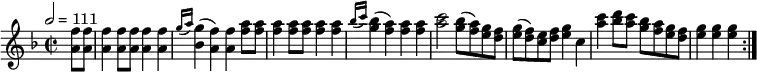 \relative c'' {
\set Staff.midiInstrument = #"piano"
\tempo 2 = 111
\key f \major
\time 2/2
\repeat volta 2 { \partial 4 <a f'>8 <a f'> <a f'>4 <a f'>8 <a f'> <a f'>4 <a f'> \grace { g'16( a16) } <bes, g'>4( <a f'>) <a f'>
<f' a>8 <f a> <f a>4 <f a>8 <f a> <f a>4 <f a> \grace { bes16( c16) } <g bes>4( <f a>4) <f a> <f a> <a c>2 <g bes>8( <f a>) <e g>
<d f> <e g>( <d f>) <c e> <d f> <e g>4 c <a' c> <bes d>8 <a c> <g bes> <f a> <e g> <d f> <e g>4 <e g> <e g> }
}