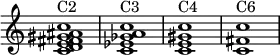 {
\override Score.TimeSignature #'stencil = ##f
\relative c' {
\clef treble \time 4/4
<c d e fis gis ais c>1^\markup { "C2" }
<c es ges a c>1^\markup { "C3" }
<c e gis c>1^\markup { "C4" }
<c fis c'>1^\markup { "C6" }
} }