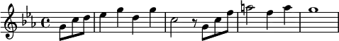 \header{ title = "Radio Sweden" }

% https://www.intervalsignals.net/sounds/swe-z-sr_radio_sweden_070704.mp3
\relative{
  \key c \minor \partial 8*3
  g'8\omit\sustainOn c d es4 g d g c,2 r8 g c f a2 f4 a g1 
}
\layout{indent=#0 line-width=#120 }
\midi{\tempo 4=110 \set Staff.midiInstrument = "vibraphone"}
