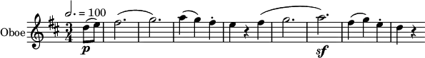 
\relative c'' {
  \set Staff.instrumentName = #"Oboe"
  \set Staff.midiInstrument = #"oboe"

  \key d \major
  \time 3/4
  \tempo 2. = 100

  \set Score.currentBarNumber = #84
  \partial 4

 % p again
  % upbeat
  (d8\p e) |

  % bars 84–
  (fis2. |
  g2.) |
  (a4 g4) fis4-. |
  e4 r fis( |
  g2. |
  a2.) \sf |
  (fis4 g4) e4-. |


  d4 r |
}
