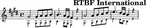 \header{tagline=##f title="RTBF International"}
% https://www.intervalsignals.net/sounds/bel-z-rtbf1_c1998.mp3
common = {\key e \major}
main = {gis2 8 a a b b4. a16 gis fis4 r a2 8 b cis dis e4. dis16 cis b4 r}
\score{
<<
  {\common \relative c'' \main}\\
  \magnifyMusic 0.6{ \set midiMaximumVolume = #0.8 \common \relative c' \main}
>>
\layout{indent=#0 line-width=#120 }
\midi{\tempo 4=55 \set Staff.midiInstrument = "vibraphone"}
}