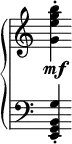  {
\override Score.TimeSignature #'stencil = ##f
{ \new PianoStaff <<
  \new Staff { \clef treble <g' e'' g'' b''>-.\mf } 
  \new Staff { \clef bass <e, g, b, g>-. }
>> } }
