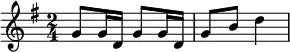\header{ title = "Österreichischer Rundfunk" }

% https://www.intervalsignals.net/sounds/aut-z-orf_regional_1980.mp3
\relative{
  \key g \major \time 2/4
  \set Staff.midiInstrument = "vibraphone"
  \set midiMaximumVolume = #1.1
  g'8\omit\sustainOn g16 d g8 g16 d g8 b d4
}
\midi { \tempo 4 = 80 }