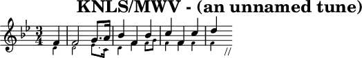 \header{tagline=##f title="KNLS/MWV - (an unnamed tune)"}
% 0:05 https://www.intervalsignals.net/sounds/usa-z-wyfr_fl_290900.mp3
common = {\key bes \major \time 3/4 \partial 4}
main = \relative{
  \set Staff.midiInstrument = "trumpet" \common
  <<{
    f'4-_ 2-_ g8.-_ a16 bes4-_ f-_ bes-_ c-_ f,-_ c'-_ d4 s4_"//"
  }\\ \magnifyMusic 0.6{
    d,4-_ 2-_ es8.-_ c16 d4-_ f-_ f8-. g-. f4-_ 4-_ 4-_ f4
  }
  >>
}
acco = \relative{
  \set Staff.midiInstrument = "french horn" \clef bass \common 
  <<{
    bes4-_ 2-_ 8.-_ a16 bes4-_ 8-. a-. bes4-_ a4-_ 4-_ 4-_ bes4
  }\\{
    bes,4-_ 2-_ 4-_ bes,4-_ 8-. c-. d-. es-. f2-_ 4-_ bes,4
  }
  >>
}
\score{{\omit Staff.Script \main}}
\score{<<\main \new Staff \acco>> \midi{\tempo 4=118}}

