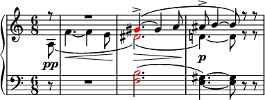 
    {
      \new PianoStaff <<
        \new Staff <<
            \new Voice \relative c'' {
                \clef treble \key a \minor \time 6/8
                \voiceOne \partial8 r8 R2. \once \override NoteHead.color = #red gis4.->(~ gis4 a8 ais8-> b4~ b8) r r
                }
            \new Voice \relative c' {
                \voiceTwo \partial8 a\pp\breakDynamicSpan( f'4.~\< f4 e8 \once \override NoteHead.color = #red dis2.)(\> d!4.)~\p d8 r r
                }
            >>
        \new Staff <<
            \relative c {
                \clef bass \key a \minor \time 6/8
                \partial8 r8 R2. \once \override NoteHead.color = #red <f b>2.( <e gis>4.)~ <e gis>8 r r
                }
            >>
    >> }
