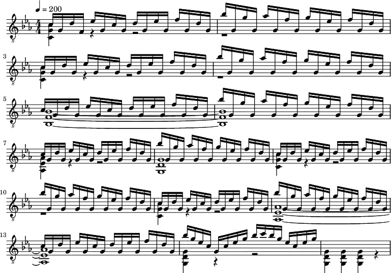 \new Staff <<
\clef "treble_8"
\key c \minor
\tempo 4 = 200
\numericTimeSignature
\time 4/4
%=====================
% Voice 1 (riff)
%=====================
\new Voice = "upper" {
\voiceOne
\relative c' {
c16 g d' f, ees' g, c g d' g, ees' g, f' g, d' g, |
bes' g, g' g, aes' g, f' g, g' g, ees' g, f' g, d' g, |
c g d' g, ees' g, c g d' g, ees' g, f' g, d' g, |
bes' g, g' g, aes' g, f' g, g' g, ees' g, f' g, d' g, |
c g d' g, ees' g, c g d' g, ees' g, f' g, d' g, |
bes' g, g' g, aes' g, f' g, g' g, ees' g, f' g, d' g, |
c g d' g, ees' g, c g d' g, ees' g, f' g, d' g, |
bes' g, g' g, aes' g, f' g, g' g, ees' g, f' g, d' g, |
c g d' g, ees' g, c g d' g, ees' g, f' g, d' g, |
bes' g, g' g, aes' g, f' g, g' g, ees' g, f' g, d' g, |
c g d' g, ees' g, c g d' g, ees' g, f' g, d' g, |
bes' g, g' g, aes' g, f' g, g' g, ees' g, f' g, d' g, |
c g d' g, ees' g, c g d' g, ees' g, f' g, d' g, |
bes' g ees c g c ees g bes c bes g ees c ees g
}
}
%=====================
% Voice 2 (chords)
%=====================
\new Voice = "lower" {
\voiceTwo
\relative c' {
<c g c,>4 r r2 |
r1 |
<c g c,>4 r r2 |
r1 |
<bes f bes,>1~ |
<bes f bes,>1 |
<aes ees aes,>4 r r2 |
<g d g,>1 |
<c g c,>4 r r2 |
r1 |
<c g c,>4 r r2 |
<aes ees aes,>1~ |
<aes ees aes,>1 |
<g d g,>4 r r2 |
<g d g,>4 <g d g,> <g d g,> r
}
}
>>