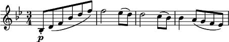 \relative bes {
\key bes \major \time 3/4
bes8-. \p d( f bes d f) | f2 es8( d) | d2 c8( bes) | bes4 a8( g f es)
}