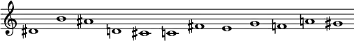 {
\override Score.SpacingSpanner.base-shortest-duration = #(ly:make-moment 1/2)
\omit Score.TimeSignature
\omit Score.BarLine
dis'1 b'1 ais'1 d'!1 cis'1 c'!1 fis'1 e'1 g'1 f'!1 a'!1 gis'1
}