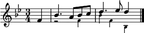 \header{ title = "Süddeutscher Rundfunk" }

% https://www.intervalsignals.net/sounds/ger-z-sdr_c1970.mp3
\relative{
  \omit Staff.Script
  \set Staff.midiInstrument = "clarinet"
  \key bes \major \time 3/4 \partial 4 
  <<{
    f'4-_ bes4.-_ a8-. bes-. c-. d4.-_ es8-. \cadenzaOn d4*2 \bar "|."
  }\\ \magnifyMusic 0.7 {
    s4 r2 f,4-_ bes f bes,4*2
  }>>
}
\midi{\tempo 4 = 100}

