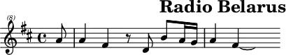 \header{tagline=##f title="Radio Belarus"}
% https://www.intervalsignals.net/sounds/blr-radio_station_belarus_160906.mp3
#(define mydrums (alist->hash-table '(
  (hiconga () #f 0) (mutehiconga cross #f 0)
  (loconga () #f -1) (cabasa triangle #f 1))))
common = {\key d \major \partial 8}
main = \relative{
  \set Staff.midiInstrument = "fx 5 (brightness)"
  \set midiMaximumVolume = #0.6
  \clef "treble^(8)"
  \common a''8 4 fis4 r8 d b' a16 g a4 fis4~ \hideNotes 4
}
acco = <<
\new Staff{
  \set Staff.midiInstrument = "pad 3 (polysynth)"
  \set midiMaximumVolume = #0.5
  \common r8 <a d'~ fis'>2. <b d'~ g'>4 <a d' fis'>2.
}
\new Staff \relative{
  {
    \set Staff.midiInstrument = "orchestral harp"
    \set midiMaximumVolume = #0.7
    \common \tuplet 6/4{cis'64 d e fis g a b cis d e fis g}
  }
  \new Voice{
    \set Staff.midiInstrument = "electric piano 1"
    \set midiMaximumVolume = #0.5
    a,16 fis d a d a' d, e' d a fis d a fis' d a
  }
  \new Voice{
    \set Staff.midiInstrument = "fx 5 (brightness)"
    \set midiMaximumVolume = #0.4
    <d' d'>4 <e a>4~ <e a>16 \tuplet 3/2{<d g>32 <cis fis> <b e>} <a d>8
  }
}
\drums {
  \stopStaff
  \override Staff.StaffSymbol.line-positions = #'(0)
  \startStaff
  \set DrumStaff.drumStyleTable = #mydrums
  \common r8
  cab8 cghm16 cgh cgl8 cab16 cghm cab cghm16 16 16 cab cghm8 cgh16
  cgh8 cghm16 16 cab8 cghm16 16 cab8 16 cgh cgl8
}
>>
\score{\main}
\score{<<\main \acco>> \midi{\tempo 4 = 66}}
