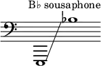 {
\new Staff \with { \omit Score.TimeSignature }
\clef bass \key c \major
\cadenzaOn \omit Stem
s4 ^ \markup "B♭ sousaphone"
e,,1 \glissando bes
}