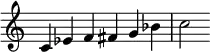  {
\override Score.TimeSignature #'stencil = ##f
\relative c' { 
  \clef treble \time 6/4
  c4 es f fis g bes c2
} }
