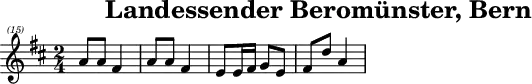 \header{tagline = ##f title="Landessender Beromünster, Bern"}
% https://www.intervalsignals.net/sounds/sui-z-sbc_sr2_rumantsch_1977.mp3
main = \relative{
  \clef "treble^(15)"
  \key d \major \time 2/4
  a'''8 a fis4 a8 a fis4 e8 e16 fis g8 e fis d' a4
}
acco = \relative{
  \clef "treble^(8)" \key d \major
  <<{a''8 a d4 a8 a d4 cis8 cis16 d e8 cis d d a4}
  \\
  {fis4 d fis d a4. e'8 <d fis>2}
  >>
}
\score{\main}
\score{
  <<
  \set Score.midiInstrument = "celesta"
  \main \new Staff \acco
  >>
  \midi {\tempo 4 = 86}
}
