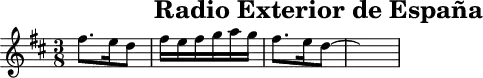 \header{tagline=##f title="Radio Exterior de España"}
% https://www.intervalsignals.net/sounds/spa-z-ree_c1982.mp3
common = {\key d \major \time 3/8}
main = \relative{
  \set Staff.midiInstrument = "celesta" \common
  fis''8.  e16 d8 fis16 e fis g a g fis8. e16 d8~ \hideNotes d4.
}
acco = \relative{
  \set Staff.midiInstrument = "acoustic guitar (steel)"
  \set Staff.midiMaximumVolume = #0.6 \clef bass \common
  <<{fis'16 d a g' d a fis' d a e' d a fis' d a g' r8}\\{d,8. d d d d d}>>
}
\score{\main}
\score{<<\main \new Staff \acco>> \midi{\tempo 8=119}}
