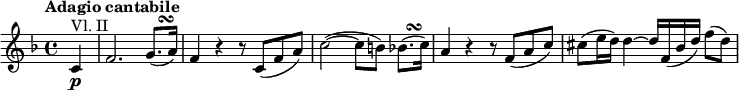 { \relative c' { \key f \major \time 4/4
\tempo "Adagio cantabile"
\tempo 4 = 65
\partial 4 c4 \p ^"Vl. II" | f2. g8.( ^\markup { " " \musicglyph #"scripts.turn" } a16)
f4 r r8 c( f a) | c2~( c8 b) bes8.( ^\markup { " " \musicglyph #"scripts.turn" } c16)
a4 r r8 f( a c) | cis8( e16 d) d4~ d16 f,( bes d) f8( d) }}
\layout { \context {\Score \override SpacingSpanner.common-shortest-duration = #(ly:make-moment 1/8) }}