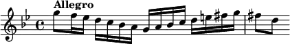 
    \relative c''' {
        \set Staff.midiInstrument = #"violin"
        \set Score.tempoHideNote = ##t \tempo 4 = 120
        \key g \minor
        \time 4/4
        g8^\markup \bold "Allegro"
        f16 es d c bes a g a bes c d e fis g
        fis8[ d]
    }
