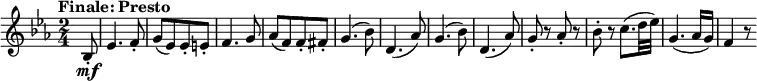  { \relative bes { \key es \major \time 2/4
\tempo "Finale: Presto"
\tempo 4 = 150
\partial 8 bes8-. \mf | es4. f8-. | g8([ es) es-. e-.] | f4. g8 | as8([ f) f-. fis-.] |
g4.( bes8) | d,4.( as'8) | g4.( bes8) | d,4.( as'8) | g8-. r as-. r | bes8-. r c8.( d32 es) |
g,4.( as16 g) | f4 r8}} 