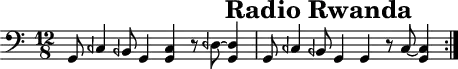 \header{tagline = ##f title="Radio Rwanda"}
% https://www.intervalsignals.net/sounds/rrw-radio_rwanda_160809.mp3
main = \relative{
  \set Staff.midiInstrument = "acoustic guitar (nylon)"
  \clef bass \time 12/8
  \repeat volta 2{
  g,8 ceh4 beh8 g4 <ceh g>4 r8 deh~ <deh g,>4
  g,8 ceh4 beh8 g4 g4 r8 ceh~ <ceh g>4
  }
}
cutt = \new DrumStaff \drummode{
  \set Staff.midiInstrument = "brush kit"
  \repeat volta 2{
  r4 sn r r r sn r sn r r r sn
  }
}
\score{\main}
\score{
  \unfoldRepeats << \main \cutt >>
  \midi{\tempo 4. = 142}
}
