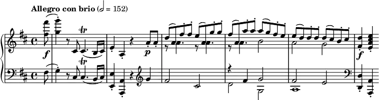 
  \new PianoStaff <<
  \relative c'' {
  \clef treble
  \key d \major
  \time 2/2
  \tempo "Allegro con brio" 2 = 152
  \partial 8

 % p again
  % upbeat
  \f (<<fis8 fis'8>> | )-.<<g4 g,>> r8 cis,,8 cis4. (\trill b16 cis16) | e4-. a,4-. r a'8-. \p a8-. | <<{(d8 a) fis'-. fis-. e (a,) g'-. g-.}\\{r8 a,4. r8 a4.}>> | <<{fis'8 (a,) a'-. a-. a (g) fis-. e-.}\\{r8 a,4. b2}>> | <<{(e8 d) d-. d-. d (cis) b-. cis-.}\\{a2 g}>> | \f -.<<fis4 d'>> -.<<e, a cis e>>
  }

   \new Staff
   \new Voice \relative c {
   \clef bass \key d \major \time 4/4
   (fis8 | )-.g4 r8 cis,8 cis4. (\trill b16 cis16) | -.<<e4 e,>> -.<<a4 a,>> r | \clef treble g'''4 | fis2 cis2 | <<{r4 fis4 g2}\\{d2 g,}>> | <<{fis'2 e}\\{a,1}>> | \clef bass -.<<d,4 d,>> -.<<a'4 a,>> }
>>
