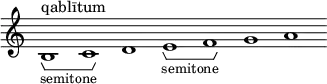 \new Staff \with { \consists Horizontal_bracket_engraver \remove "Time_signature_engraver" \remove "Bar_engraver" }
\relative c' {
b1^"qablītum" -\tweak HorizontalBracketText.text "semitone" \startGroup c\stopGroup d e-\tweak HorizontalBracketText.text "semitone"\startGroup f\stopGroup g a}