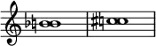 {
\override Score.TimeSignature
#'stencil = ##f
\relative c'' {
\time 4/4
\set Score.tempoHideNote = ##t \tempo 1 = 20
<b! bes>1 <c! cis>
}
}
