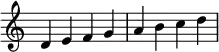 {
\override Score.TimeSignature #'stencil = ##f
\relative c' {
\clef treble \time 4/4
d4 e f g a b c d
} }