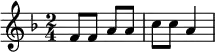 \header{ title = "Österreichischer Rundfunk" }

% https://www.intervalsignals.net/sounds/aut-z-radio_oesterreich_c1953.mp3
\relative{
  \key f \major \time 2/4
  \set Staff.midiInstrument = "vibraphone"
  \set midiMaximumVolume = #1.1
  f'8 f a a c c a4
}
\midi { \tempo 4 = 40 }
