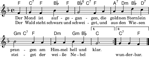 
\header { tagline = ##f }
\paper { paper-width = 170\mm }
\layout { indent = 0 \set Score.tempoHideNote = ##t \context { \Score \remove "Bar_number_engraver" } }

global = { \key f \major \time 4/4 \partial 4 }

chordNames = \chordmode { \global \set midiInstrument = #"acoustic guitar (nylon)"
  \transpose c c, \repeat volta 2
    { f4\pp | c:7 f bes f | bes:6 c:7 f2 | a4:7 d:m bes d:7 | g:m c:7 f2 | d:m g4:m bes | }
    \alternative { { c2. } { c2:7 f4 } } \bar "|."
}

sopranoVoice = \relative c' { \global \set midiInstrument = #"clarinet"
  \repeat volta 2 { f4 | g f bes a | g2 f4 a | a a d c | bes2 a4
  a | a a bes a | } \alternative { { g2.} { \tempo 4 = 81 g4 g f } } \bar "|."
}

verse = \lyricmode { <<
  { Der Mond ist auf -- ge -- gan -- gen,
  die gold -- nen Stern -- lein pran -- gen
  am Him -- mel hell und klar. } \new Lyrics {
  Der Wald steht schwarz und schwei -- get,
  und aus den Wie -- sen stei -- get
  der wei -- ße Ne -- bel "" wun -- der -- bar. } >>
}

\score {
  <<
    \new ChordNames \chordNames
    \new Staff { \sopranoVoice } \addlyrics { \verse }
  >>
  \layout { }
}
\score { \unfoldRepeats { << \chordNames \\ \sopranoVoice >> }
  \midi { \tempo 4=90
    \context { \Score midiChannelMapping = #'instrument }
    \context { \Staff \remove "Staff_performer" }
    \context { \Voice \consists "Staff_performer" }
  }
}
