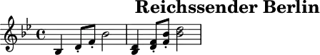 \header{tagline = ##f title="Reichssender Berlin"}
% https://www.intervalsignals.net/sounds/ger-z-reichssender_berlin_1935.mp3
main = \relative{
  \set Staff.midiInstrument = "brass section"
  \set midiMaximumVolume = #0.9
  \key bes \major
  bes4 d8-. f-. bes2 <bes, d>4 <d f>8-. <f bes>-. <bes d>2
}
acco = {
  \clef bass
  \set Staff.midiInstrument = "timpani"
  r2 r8 d16 d d4 r2 r8 d16 d d4 s
}
\score{\main}
\score{
  <<\main \new Staff \acco>>
  \midi {\tempo 4 = 114}
}
