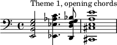 \relative c' {\clef "bass" <e,, b' e g>2^"Theme 1, opening chords" <ees ees' aes c>4. <d d' f g bes>8 <cis cis' e a e'>1}