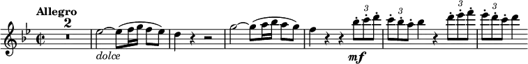  {\relative es'' { \key bes \major \time 2/2 \compressEmptyMeasures
\tempo "Allegro"
\tempo 4 = 145
R1*2 | es2~ _\markup { \italic "dolce" } es8( f16 g f8[ es]) | d4 r r2
g2~ g8( a16 bes a8[ g]) | f4 r r \tupletUp \times 2/3 { bes8-. \mf c-. d-. }
\times 2/3 { c8-. bes-. a-. } bes4 r \times 2/3 { d8-. es-. f-. } | \times 2/3 { es8-. d-. c-. } d4 }}
