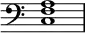 {
\clef bass
\time 4/4 
<<
\override Score.TimeSignature
#'stencil = ##f
\relative c { 
   <c f a>1
   }
>>
}
