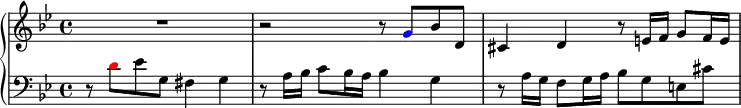 
\new PianoStaff <<
  \new Staff \fixed c' {
    \key g \minor
    R1 |
    r2 r8 \once \override NoteHead.color = #blue g bes d |
    cis4 d r8 e16 f g8 f16 e |
  }
  \new Staff {
    \clef bass
    \key g \minor
    r8 \once \override NoteHead.color = #red d' ees' g fis4 g |
    r8 a16 bes c'8 bes16 a bes4 g |
    r8 a16 g f8 g16 a bes8 g e cis' |
  }
>>
