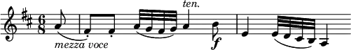 
\relative a' {
  \key d \major \time 6/8
  \partial 8 a8( _\markup { \italic "mezza voce" }
  fis-.)[ fis-.] a32( g fis g) a4 ^\markup { \italic "ten." } b8 \f
  e,4 e32( d cis b) a4
}
