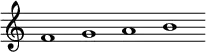 
\new Staff \with { \consists Horizontal_bracket_engraver \remove "Time_signature_engraver" \remove "Bar_engraver" }
\relative c' { 
  f1 g a b}
