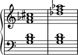 \new PianoStaff <<
  \omit Score.TimeSignature
  \new Staff { <f' aes' cis''>1 <des'' f'' aes''> }
  \new Staff { \clef bass <g b d'>1 <g b d'> }
>>