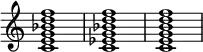 
{
\override Score.TimeSignature #'stencil = ##f
\relative c' {
   \set Score.tempoHideNote = ##t \tempo 1 = 20
   \clef treble
   \time 4/4
   \key c \major
   <c e g bes d f>1 <c es g bes d f> <c e g b d f>
} }
