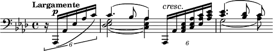 
\new Staff <<
\relative {
\tempo "Largamente" \key aes \major \time 4/4 \tempo 4 = 60 \clef bass
\new Voice \partial 4 \tupletDown \tuplet 6/4 { \stemUp r16\dynamicUp \p aes,,_( aes' es' aes c) }
c4.^( bes8 aes4) \tuplet 6/4 { \override DynamicTextSpanner.style = #'none \crescTextCresc aes,,16\< aes' <aes c es> <c es aes> <es as c> <aes c es>\! }
<c es>4.^( <bes des>8 c) }
\new Voice \relative {
s4 <des es_~ g>2_( <c es aes>4)
s g'2_( <aes c>8) }
>>
