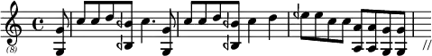 \header{ title = "Radio Saudi International" }

% https://www.intervalsignals.net/sounds/ars-sba_rsi_181213.mp3
\relative{
  \clef "treble_(8)" \key c \major \time 4/4 \partial 8 <g g,>8
  c c d <beh beh,> c4. <g g,>8 c c d <beh beh,> c4 d
  eeh8 8 c c <a a,>8 8 <g g,>8 8 s_" //"
}
\layout{indent=#0 line-width=#120 }
\midi{\tempo 4=90 \set Staff.midiInstrument = "acoustic guitar (nylon)"}
