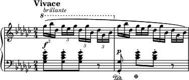 
\new PianoStaff <<
\new Staff = "Up" \with { \magnifyStaff #3/4 } <<
\new Voice \relative c' {
\clef treble
\tempo "Vivace"

\set Score.tempoHideNote = ##t \tempo 4 = 116

\time 2/4
\key ges \major
\ottava #1
\override TupletBracket.bracket-visibility = #'if-no-beam
\tuplet 3/2 8 {ges'''16^\markup{\italic brillante} ([bes des,] ges ees ges des [ges bes,] des ges, bes}
\ottava #0
\omit TupletNumber
\tuplet 3/2 8 {ges16 [bes des,] ges ees ges des [ges bes,] des ges, bes)}
}
>>
\new Staff = "Down" \with { \magnifyStaff #3/4 } <<
\new Voice \relative c{
\clef bass
\key ges \major
\dynamicUp
<ges' bes des ges>8-. \f [<ges ces ees ges>-. <ges bes des ges>-.] r <ges, ges'>-. \p \sustainOn <ces' ees ges>-. \sustainOff [<bes des ges>-.] r
}
>>
>>
