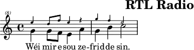 \header{tagline=##f title="RTL Radio"}
% https://www.intervalsignals.net/sounds/lux-z-rtl_german_1440_2015.mp3
main = \relative \voices 2,1<<
  {\clef "treble^(8)" g''4 8 f e4 a g b c2}\\
  \magnifyMusic 0.6{e4 d8 f e4 r g f e2}
>>
acco = \relative{c4~ <c b''> <c' g'> <f c'> e d <g c,,>2}
\score{
<<
  \main
  \new Lyrics \lyricsto "2"{Wéi mir e -- sou ze -- frid -- de sin.}
>>
}
\score{<<\main \new Staff \acco>>
\midi{\tempo 4=72 \set Staff.midiInstrument = "music box"}
}
