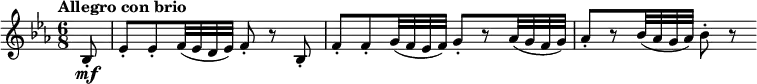  { \relative bes { \key es \major \time 6/8
\tempo "Allegro con brio"
\tempo 4 = 100
\partial 8 bes8-. \mf | es8-. es-. f32( es d es) f8-. r bes,-. |
f'8-. f-.  g32( f es f) g8-.[ r as32( g f g)] | as8-.[ r bes32( as g as)] bes8-. r }} 