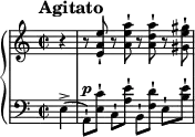 
\new PianoStaff <<
\new Staff = "Up" \with { \magnifyStaff #3/4 } <<
\new Voice \relative c' {
\clef treble
\tempo "Agitato"
\set Score.tempoHideNote = ##t \tempo 4 = 160

\key a \minor
\time 2/2
\partial 4
r4 r8 <e a e'>-! r <a e' a>-! r <a d a'>-! r <gis e' gis>-!
}
>>
\new Staff = "Down" \with { \magnifyStaff #3/4 } <<
\new Voice \relative c{
\clef bass
\key a \minor
\dynamicUp
e4-> (a,8-! \p) [<e' c'>-!] c-! <a' e'>-! b,-! [<f' d'>-!] e-! <b' e>-!
}
>>
>>
