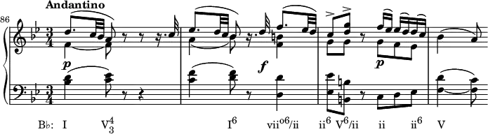 {
\override Score.SpacingSpanner.uniform-stretching = ##t
\set Score.proportionalNotationDuration = #(ly:make-moment 1/8)
\new PianoStaff <<
\new Staff <<
\new Voice \relative c'' {
\override DynamicLineSpanner.staff-padding = #4
\set Score.currentBarNumber = #86
\bar ""
\tempo "Andantino"
\key bes \major \time 3/4
\stemUp
d8.^( c32 bes a8) r r r16. c32
es8.^( d32 c bes8) r16. d32\f f8.^( es32 d)
c8^> <d g>^> r8 f16^( es) es^( d) d^( c)
\stemNeutral bes4( a8)
}
\new Voice \relative c' {
\stemDown
f4_~\p f8 s s4
a4_( bes8) s <f b>4
g8 g s g\p f es
}
>>
\new Staff <<
\new Voice \relative c' {
\clef F \key bes \major \time 3/4
<bes d>4(_\markup { \concat { \translate #'(-5.5 . 0) { "B♭: I" \hspace #7 "V" \combine \raise #1 \small 4 \lower #1 \small 3 \hspace #23 "I" \raise #1 \small "6" \hspace #6 "vii" \raise #1 \small "o6" "/ii" \hspace #4 "ii" \raise #1 \small "6" \hspace #1 "V" \raise #1 \small "6" "/ii" \hspace #4 "ii" \hspace #5.2 "ii" \raise #1 \small "6" \hspace #3 "V" } } }
<c es>8) r r4
<c f>4( <d f>8) r <d, d'>4
<es es'>8 <b b'> r c d es
<f_~ d'>4( <f c'>8)
}
>>
>> }
