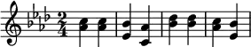 \header{ title = "Radio Berlin International" }

% https://www.intervalsignals.net/sounds/ger-z-rbi_rvd_1975.mp3
\relative{
  \set Staff.midiInstrument = "electric piano 1"
  \key as \major \time 2/4
  <c'' as>4 4 <bes es,> <as c,> <des bes>4 4 <c as> <bes es,>
}
\midi{\tempo 4 = 69}
