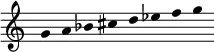 \relative g' {
\time 8/4
\override Staff.TimeSignature.stencil = ##f
\override Staff.BarLine.stencil = ##f
\omit Stem
g a bes cis d ees f g
}