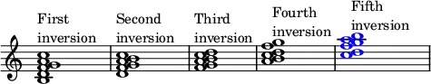 {
\override Score.TimeSignature
#'stencil = ##f
\override Score.SpacingSpanner.strict-note-spacing = ##t
\set Score.proportionalNotationDuration = #(ly:make-moment 1/4)
\time 4/4 
\relative c' { 
   <b d f g a c>1^\markup { \column { "First" "inversion" } }
   <d f g b a c>1^\markup { \column { "Second" "inversion" } }
   <f g b d a c>1^\markup { \column { "Third" "inversion" } }
   <a b c d f g>1^\markup { \column { "Fourth" "inversion" } }
   \once \override NoteHead.color = #blue <c d f g a b>1^\markup { \column { "Fifth" "inversion" } }
   }
}